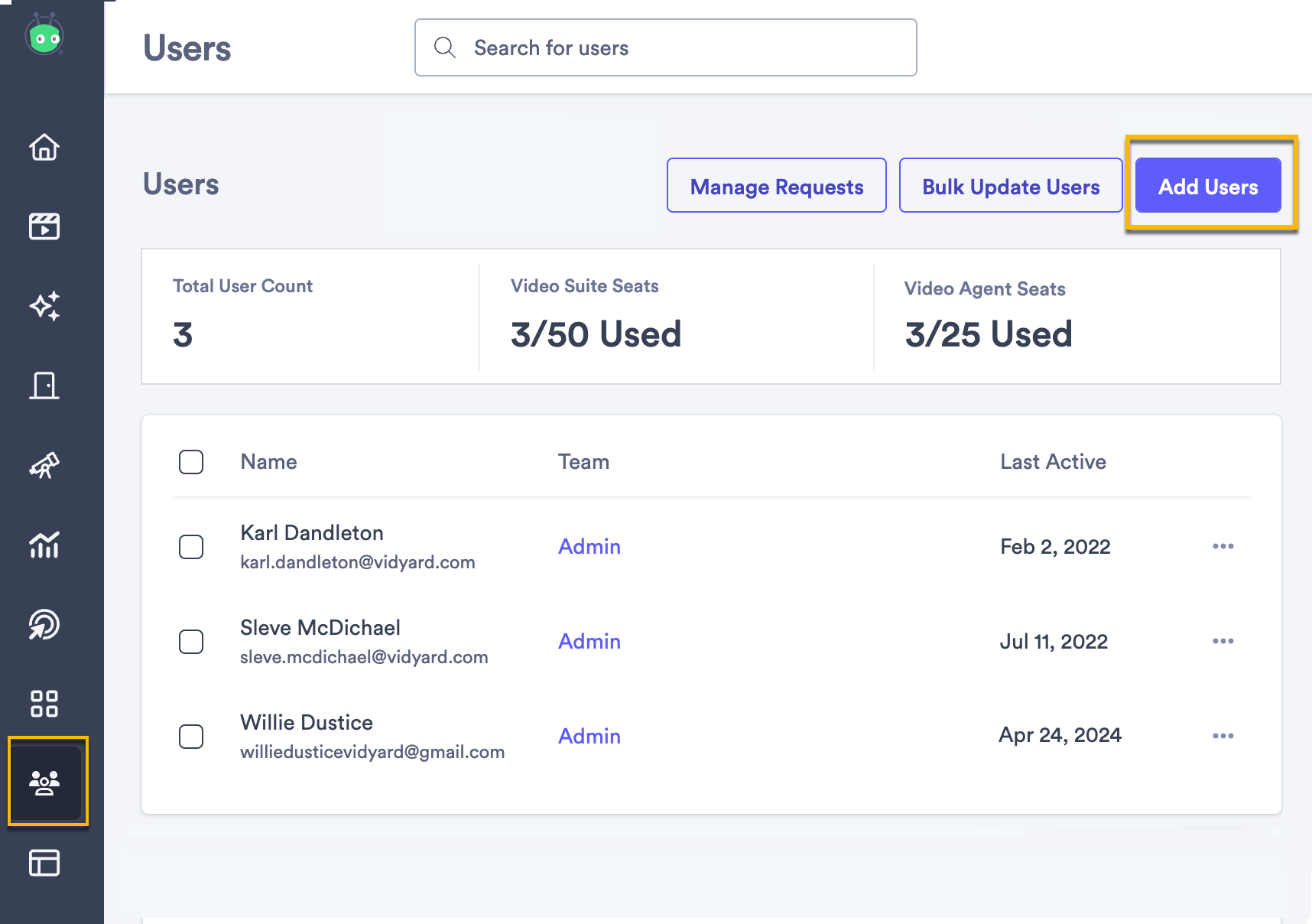 Vidyard users page with button to add new users selected