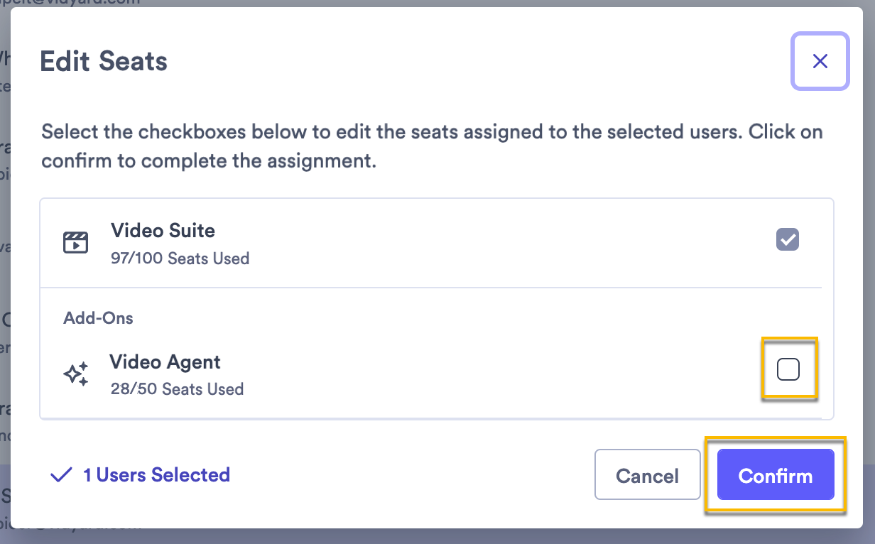 Edit seats screen open with Video Agent seat unchecked and confirm button highlighted