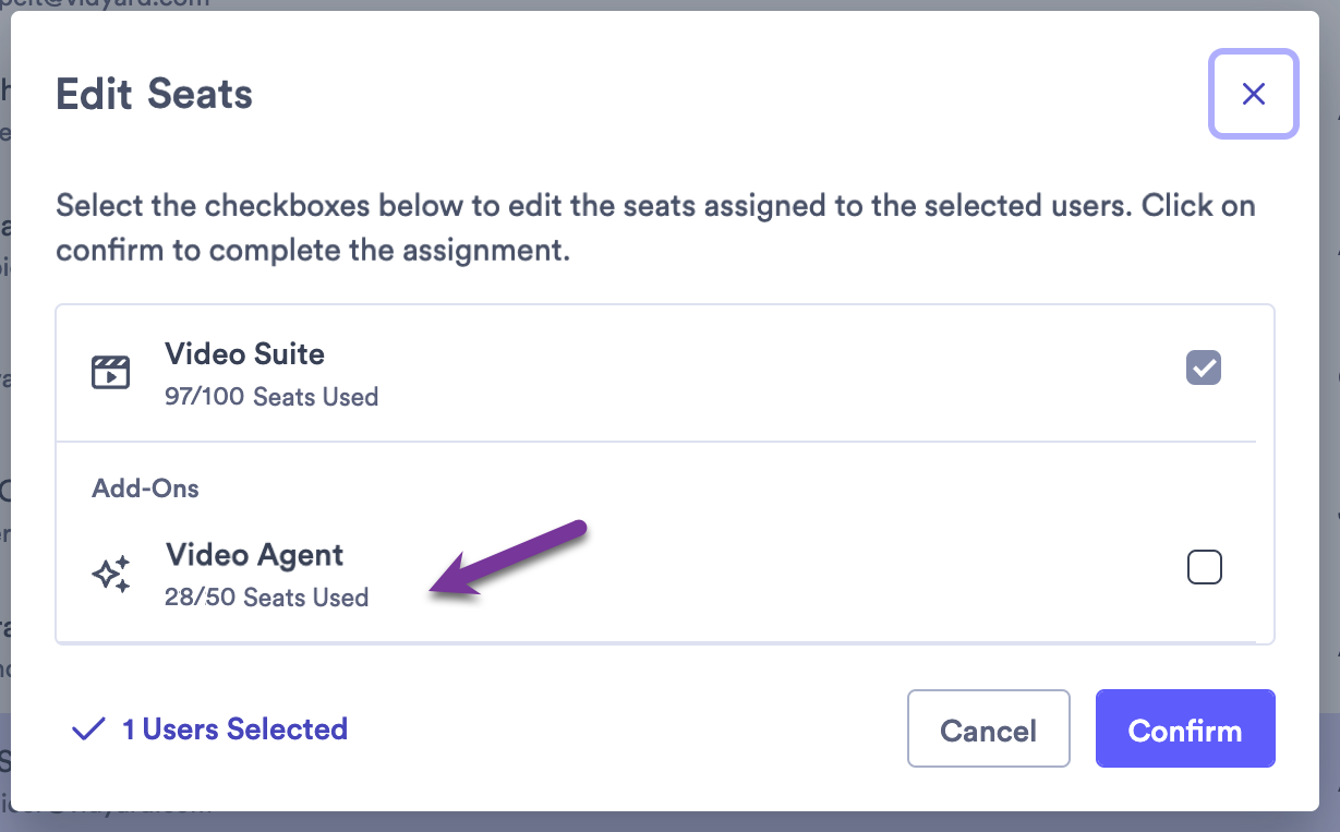Edit seats screen open with Video Agent seat allotment highlighted under the add-ons section