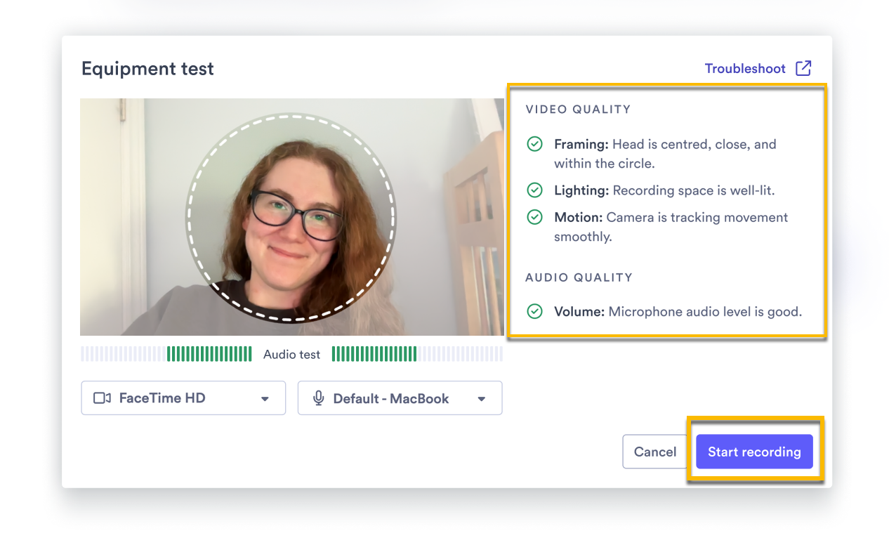 Equipment test modal open with video and audio quality feedback available