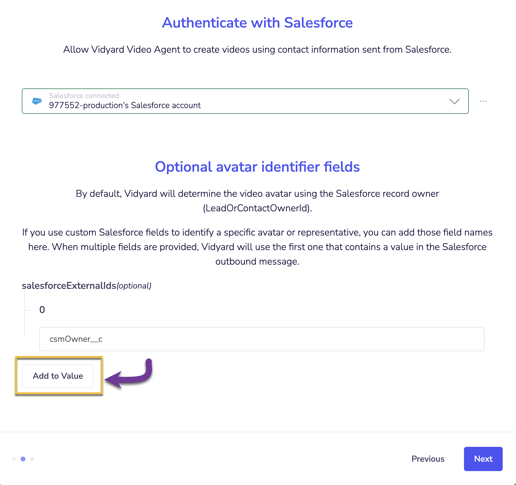 Salesforce authentication page with optional avatar identifier field filled out with custom field