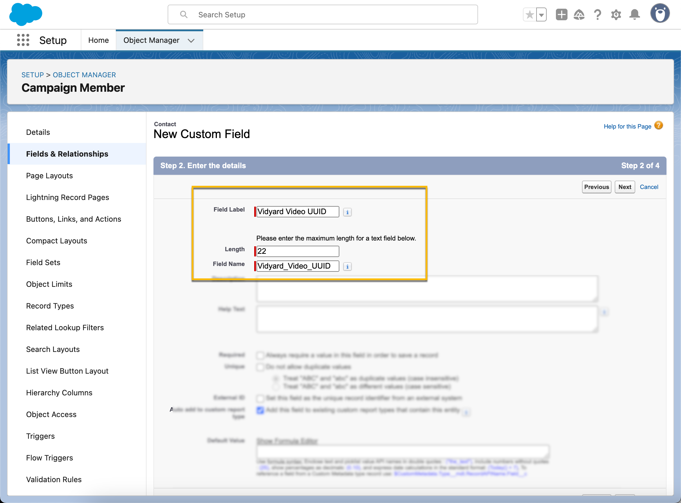 New custom field with label name and length filled out with Vidyard properties