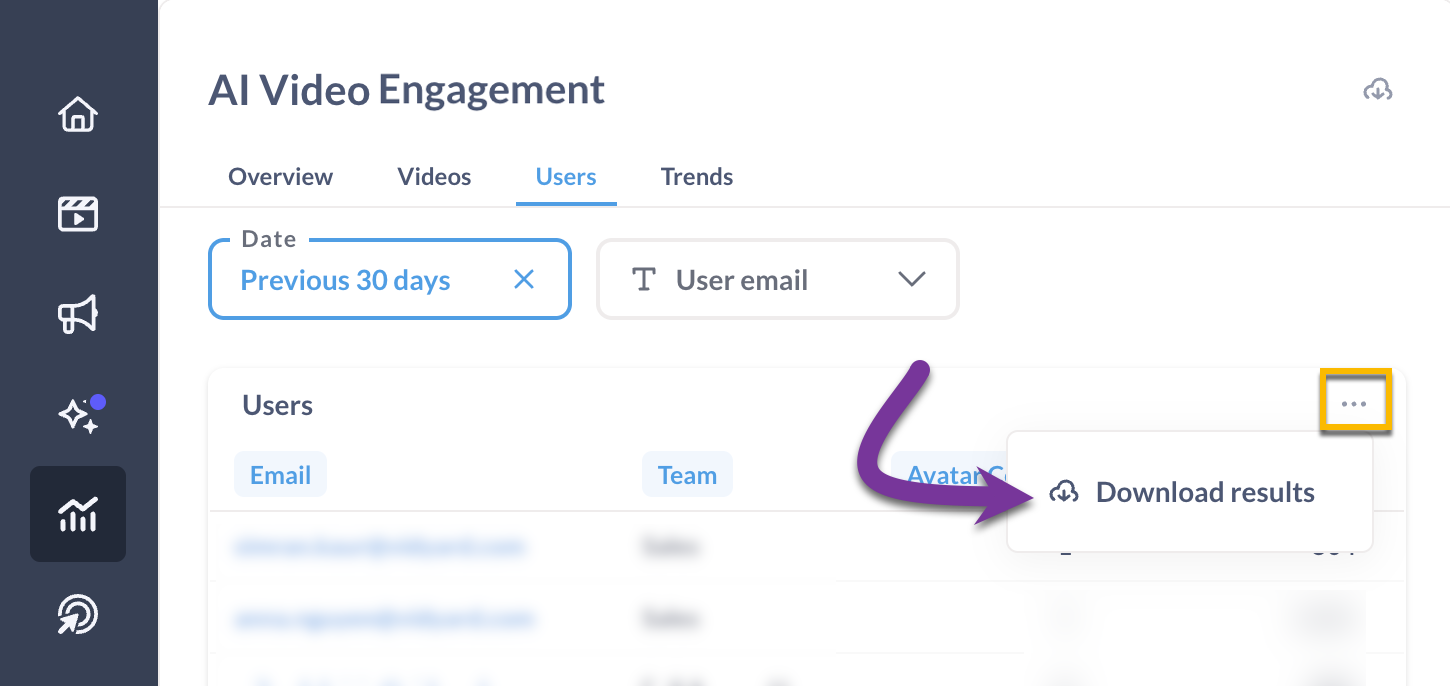 Users table menu button expanded with option to download file selected