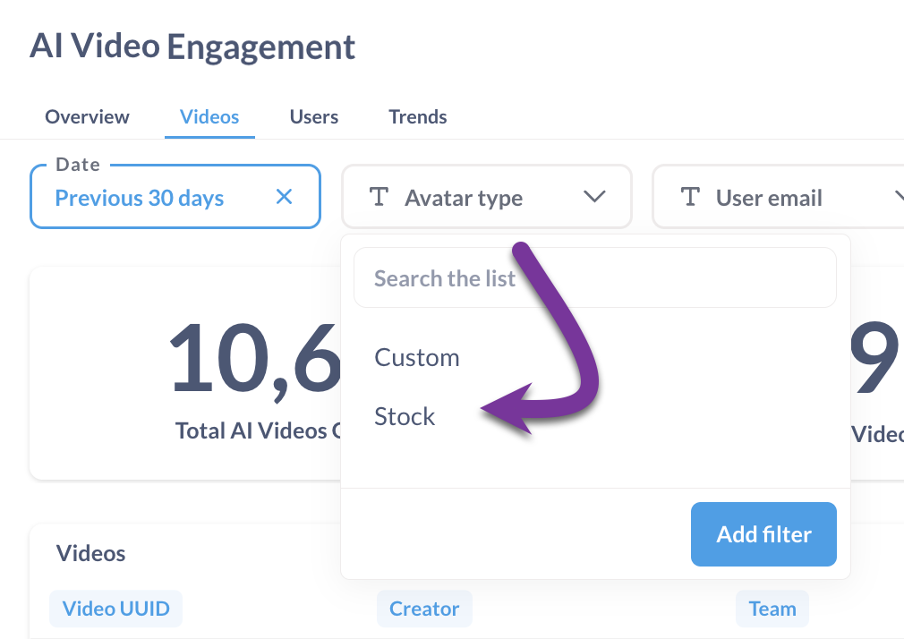 Avatar type filter open with option to filter by custom avatars selected
