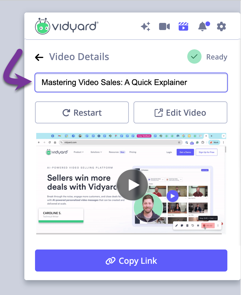 Vidyard extension post-recording modal showing automatic title and options to change video elements