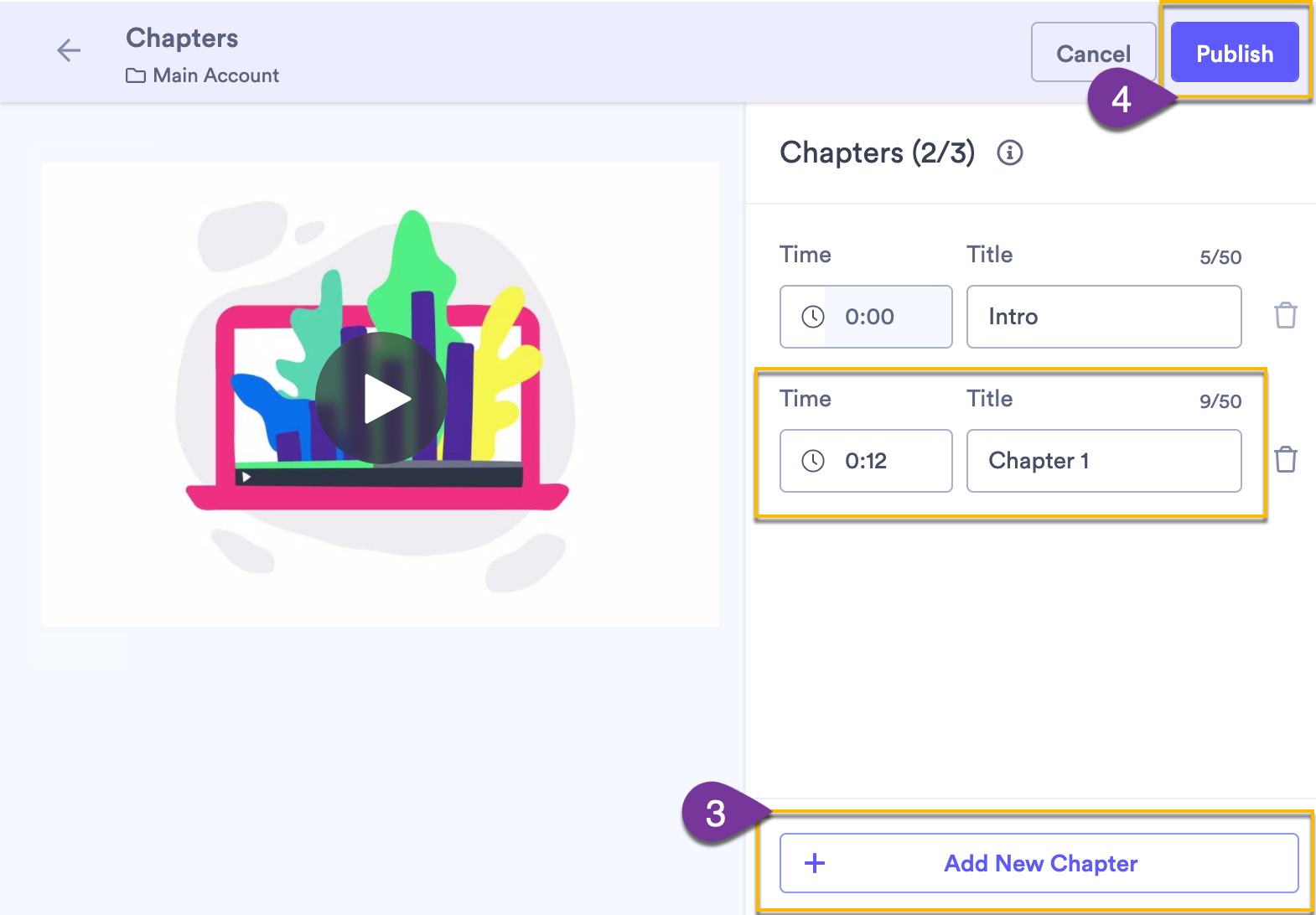 Video chapter edit window showing how to add a new chapter and publish changes