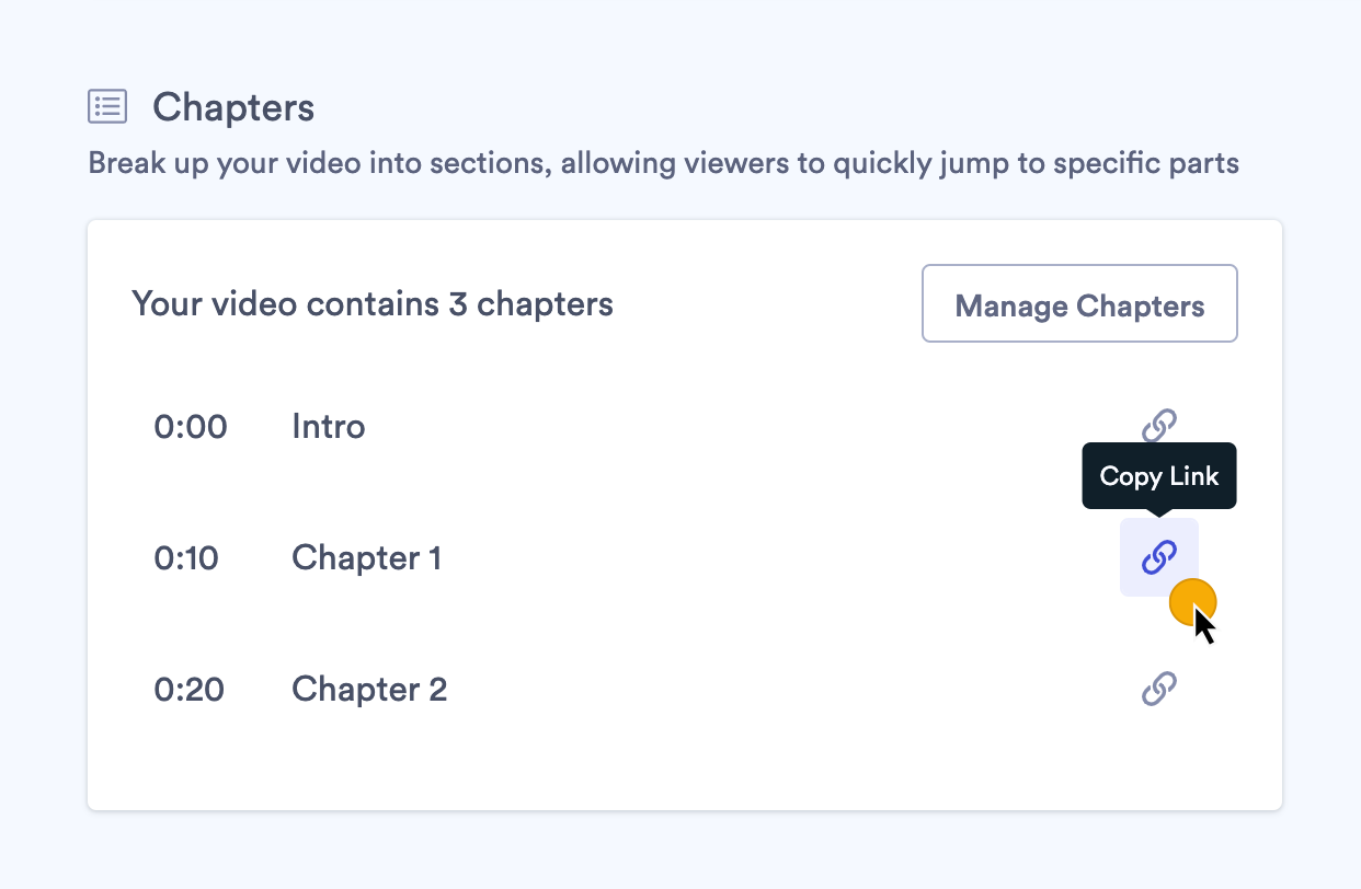 Chapter section on video edit page showing link icon to copy sharing URL