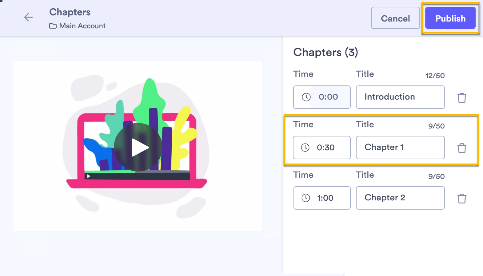 Video chapter edit window showing how to change the timestamp or delete a chapter