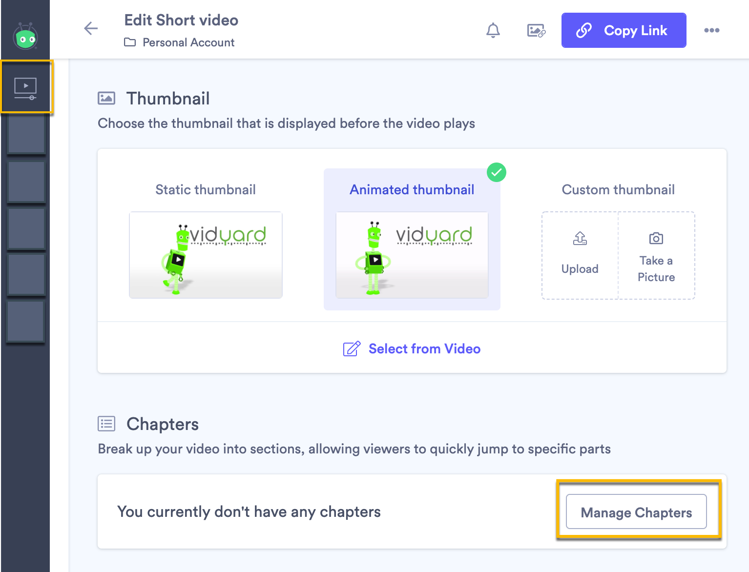 Video edit page showing chapters section to manage chapter addition