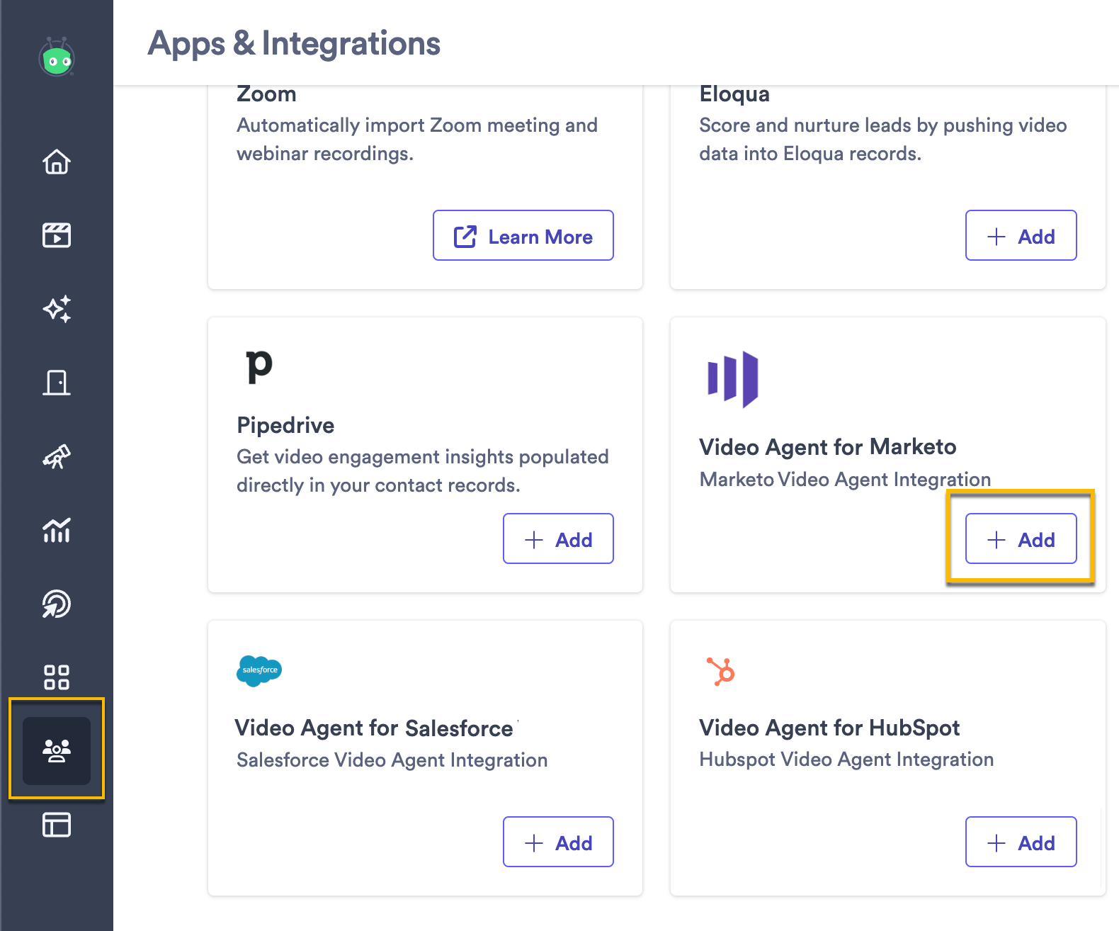 Vidyard integrations page with button to add Video Agent for Marketo highlighted