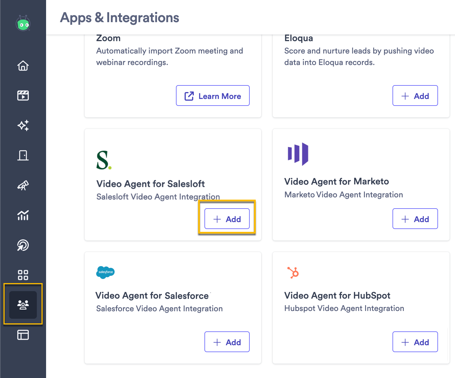 Vidyard integrations page with button to add Video Agent for Salesloft highlighted