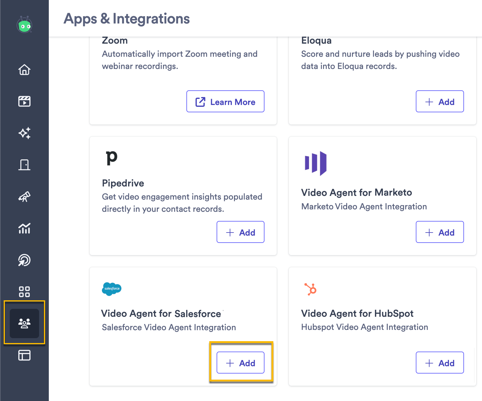 Vidyard integrations page with button to add Video Agent for Salesforce highlighted