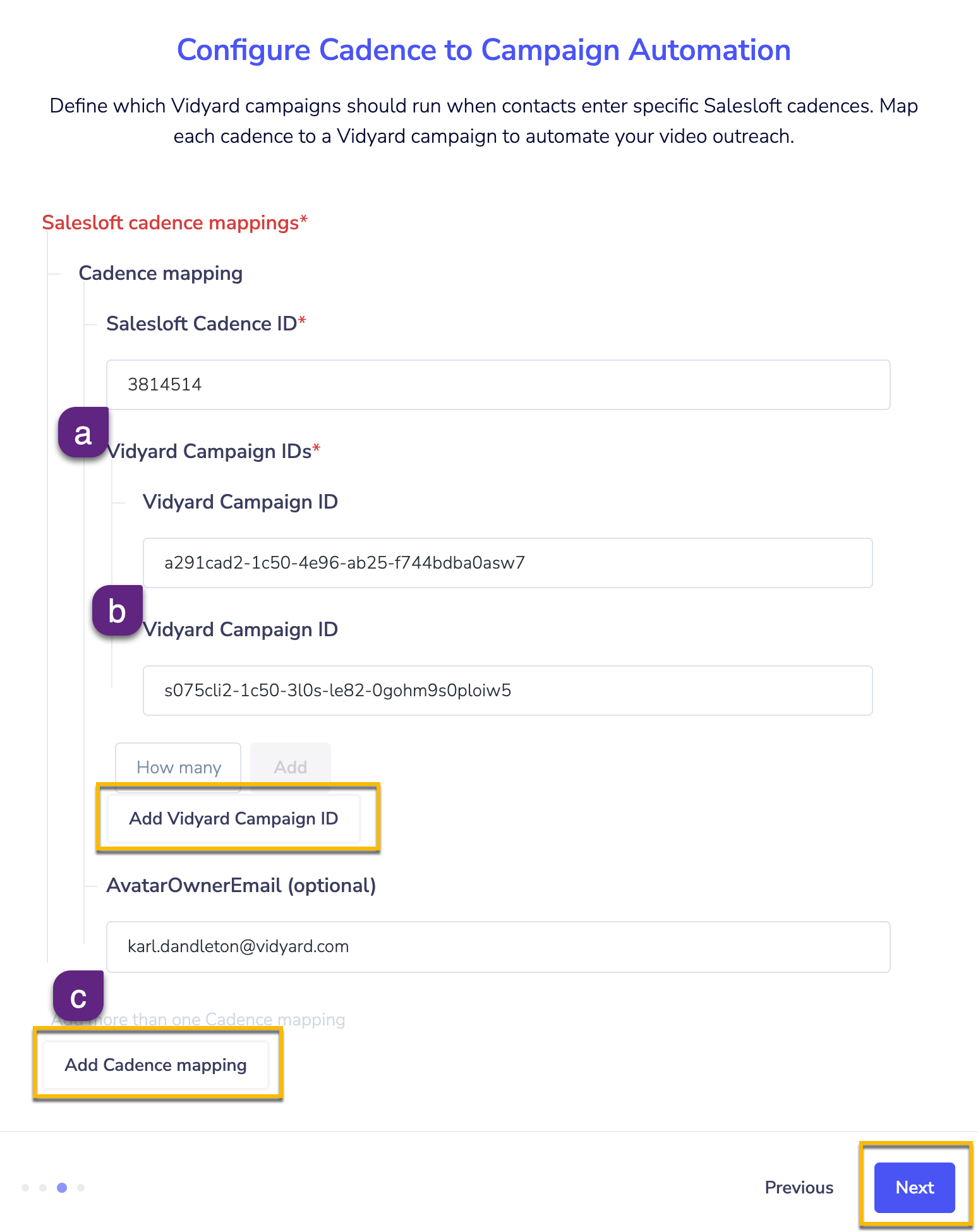 Salesloft integration setup with fields for connecting Salesloft cadences with Vidyard campaigns
