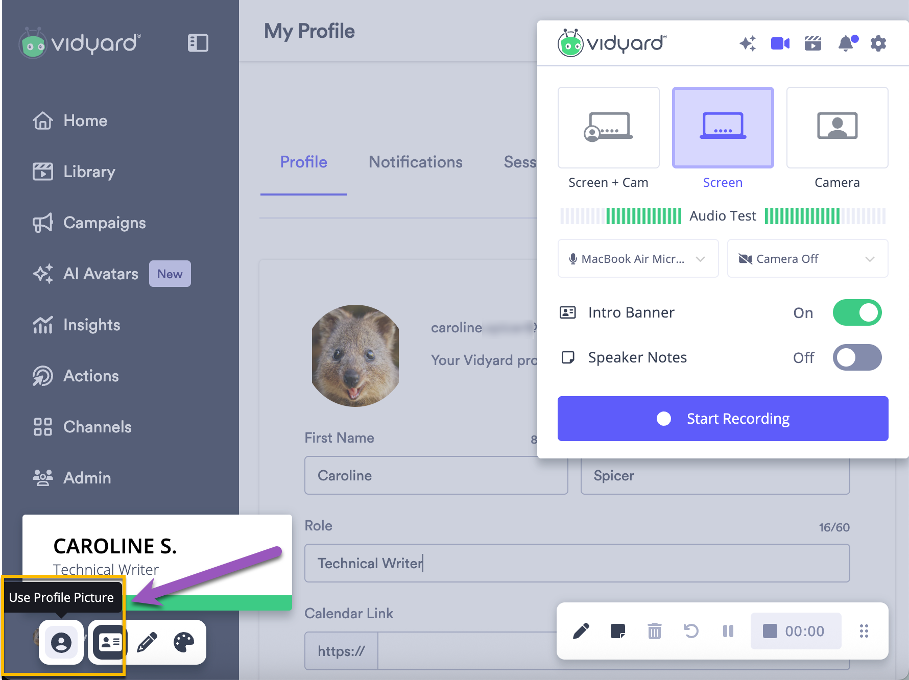 Vidyard browser extension open with option to use profile picture selected from menu