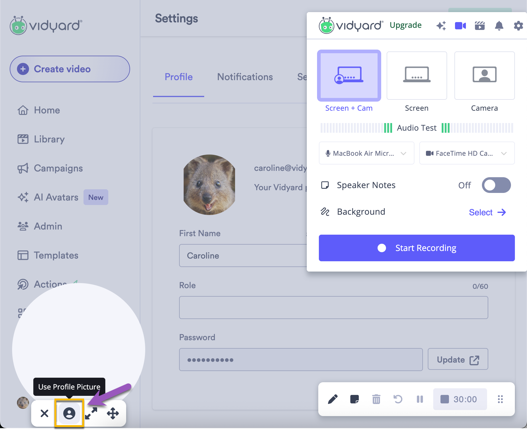 Vidyard browser extension open with option to use profile picture selected from menu