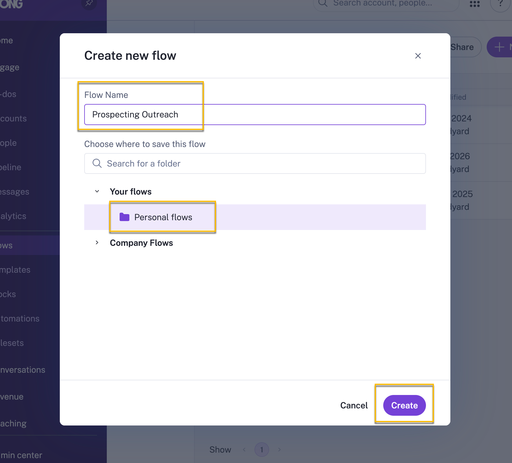 Gong flow creation screen with flow title filled out and folder selected to save flow in.
