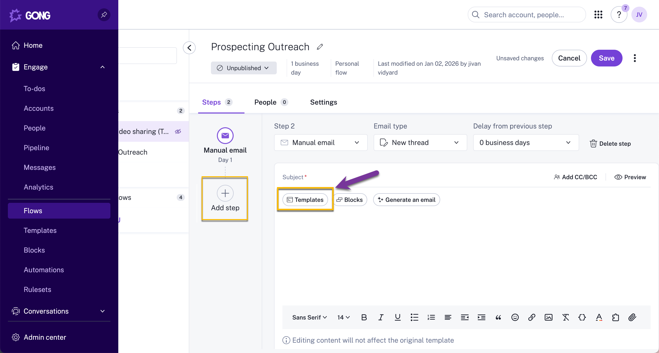 Gong flow with manual email added and template button highlighted
