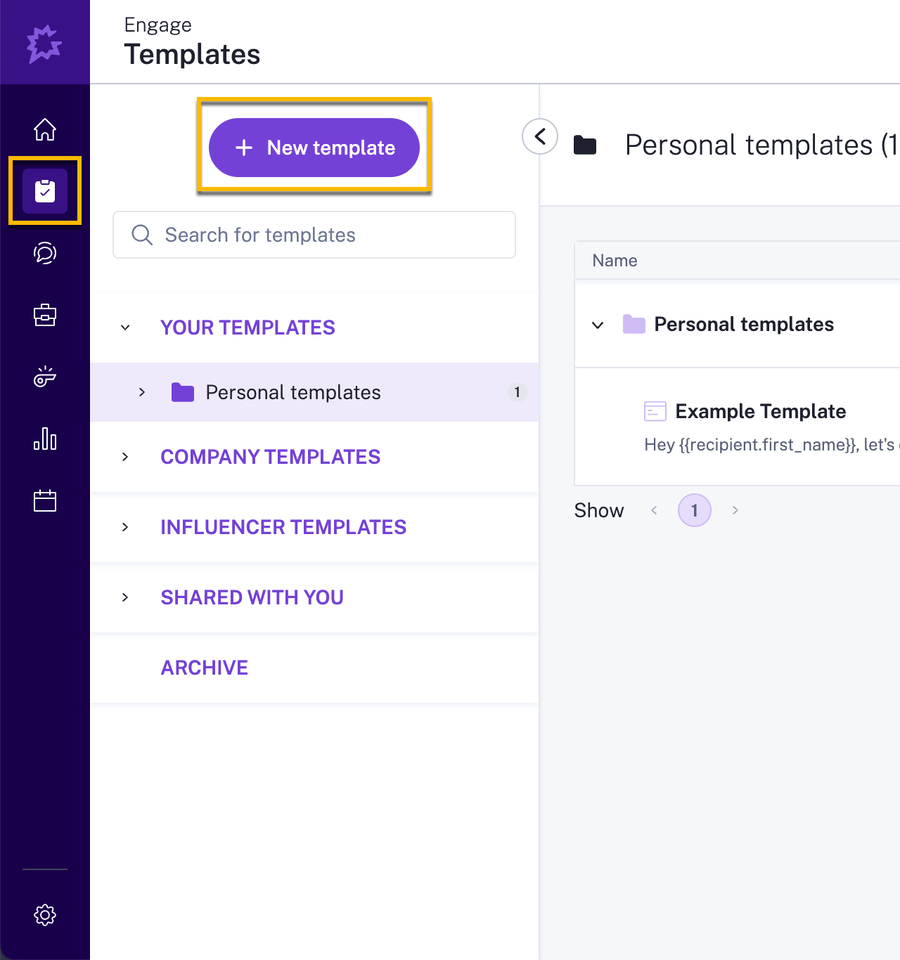 Gong menu with Engage templates selected and button to create new template highlighted.
