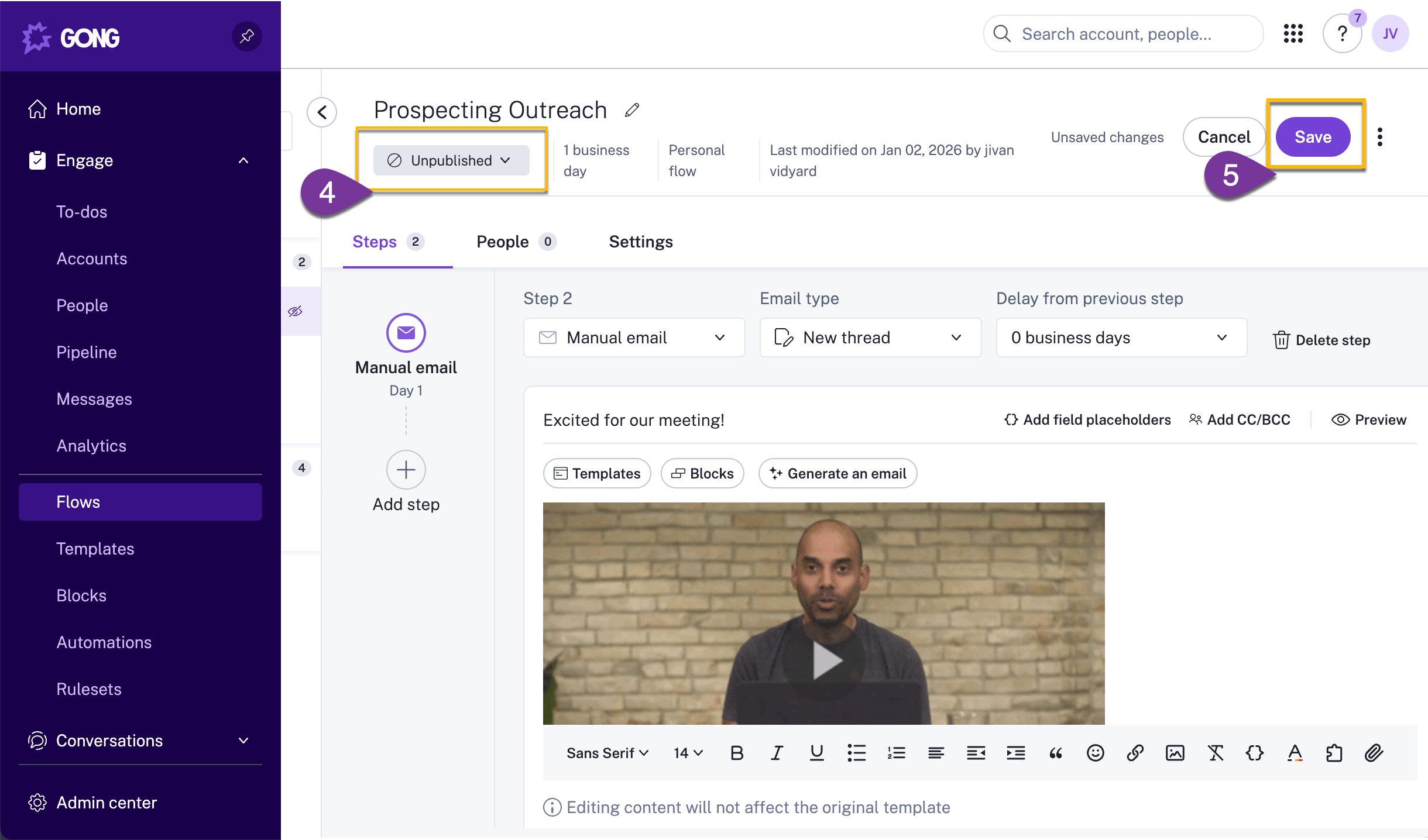 Gong email with video added, with publishing dropdown highlighted and option to save flow selected