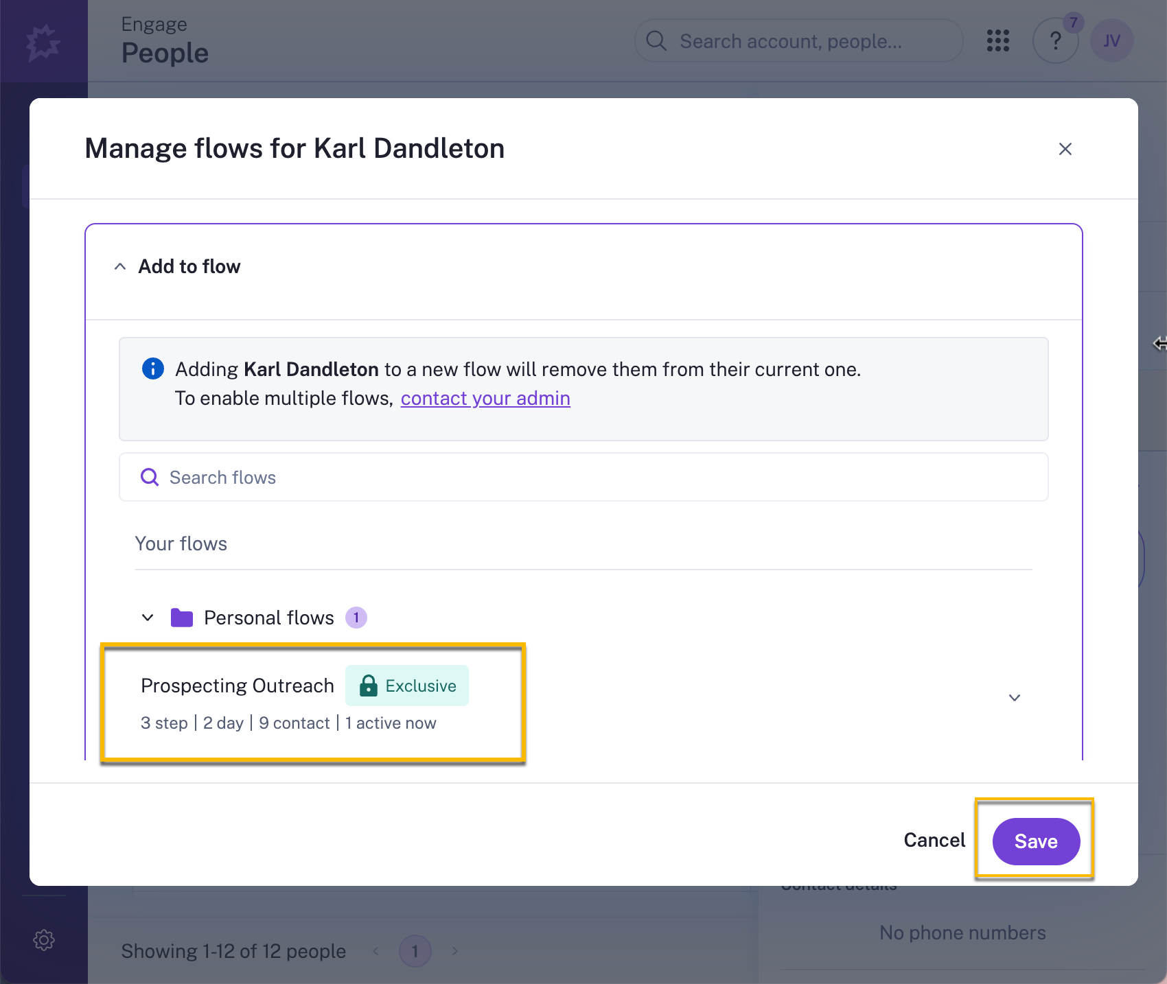 Gong flow management section under a people profile with option to enrol them in a flow selected