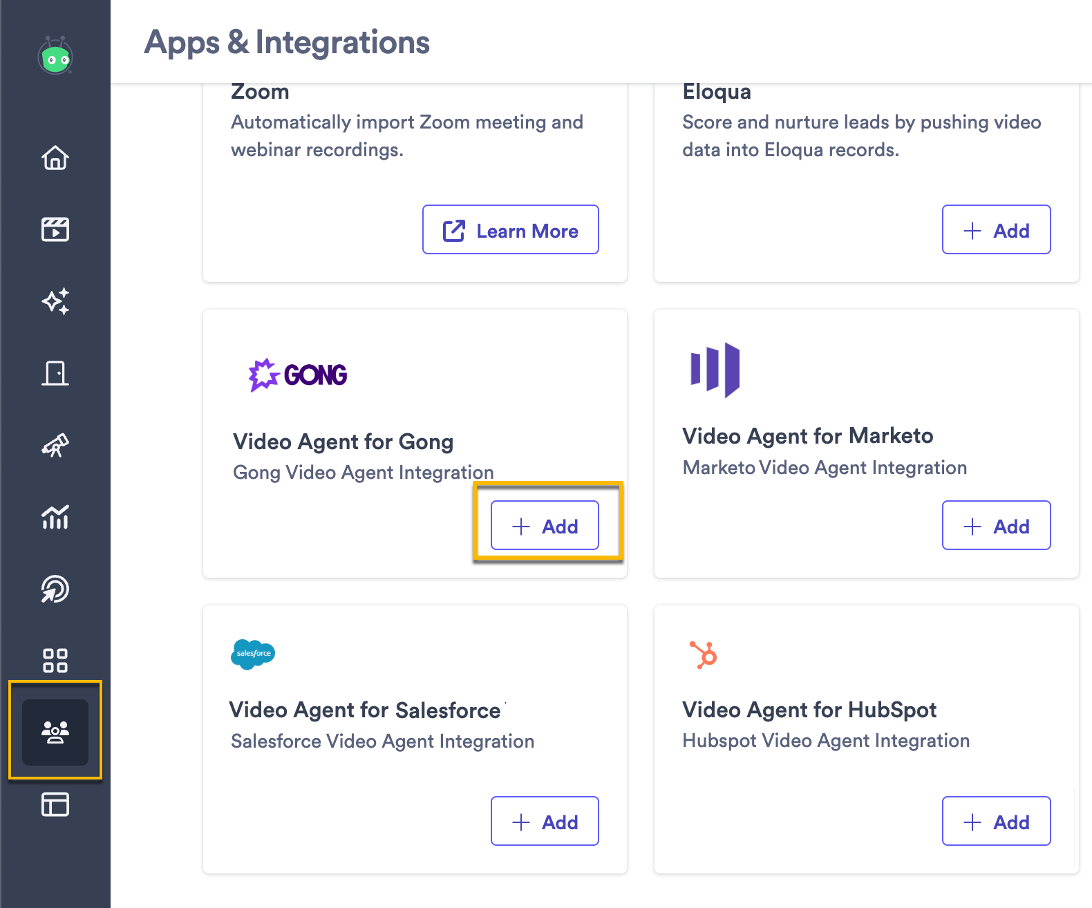 Vidyard integrations page with option to add Gong Video Agent highlighted
