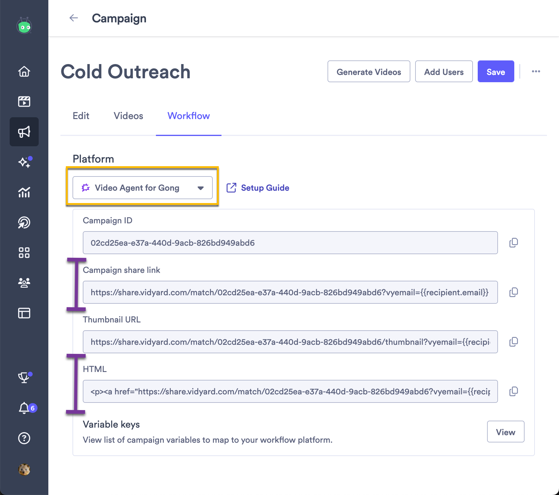 Vidyard campaign workflow page showing Gong information to connect Gong flows to Vidyard campaign.