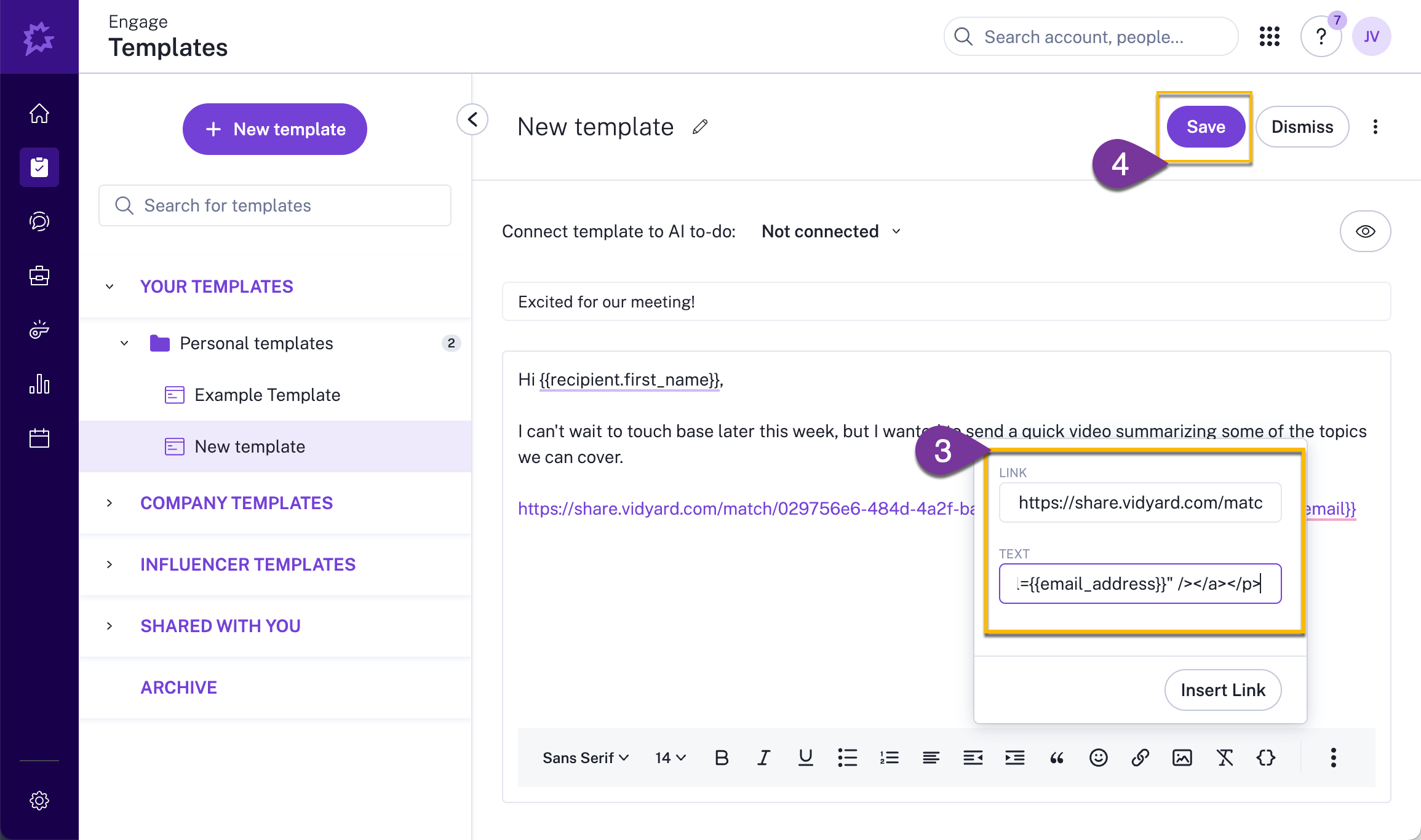 Gong email template with text to insert Vidyard video into body of template and save button highlighted