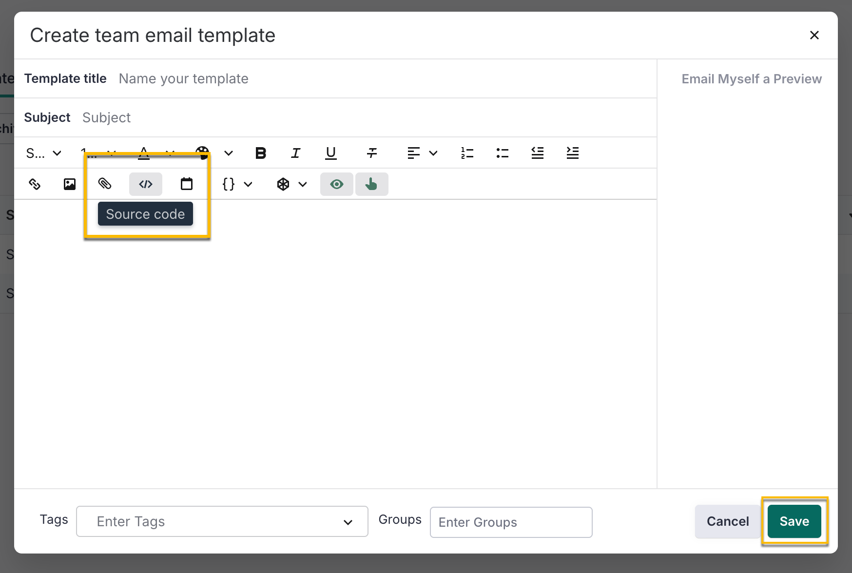 Salesloft email body with source code button highlighted to add video HTML