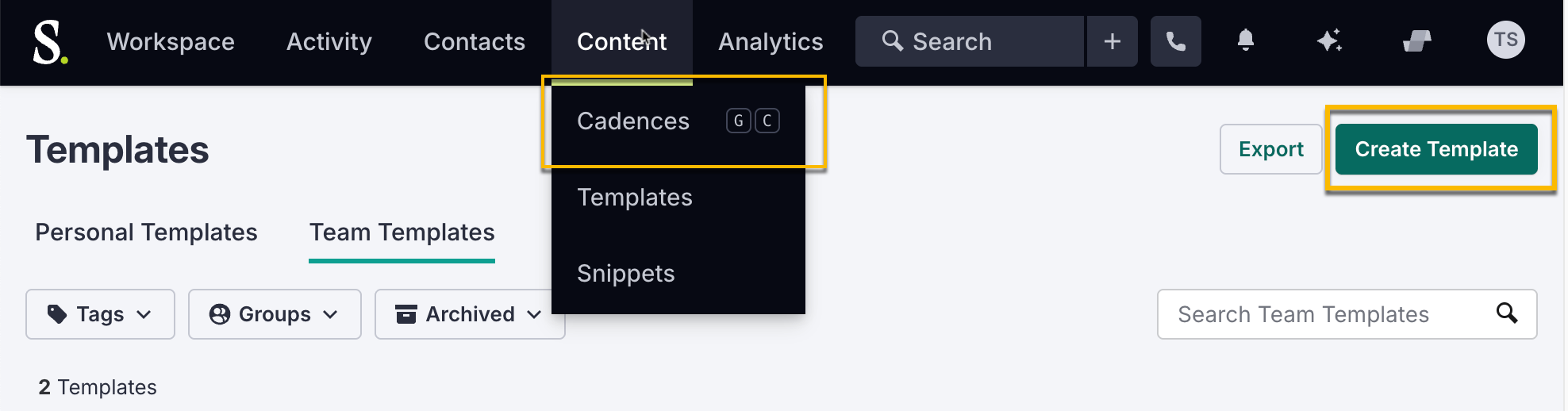 Salesloft content menu open with cadences selected, and option to create new template highlighted