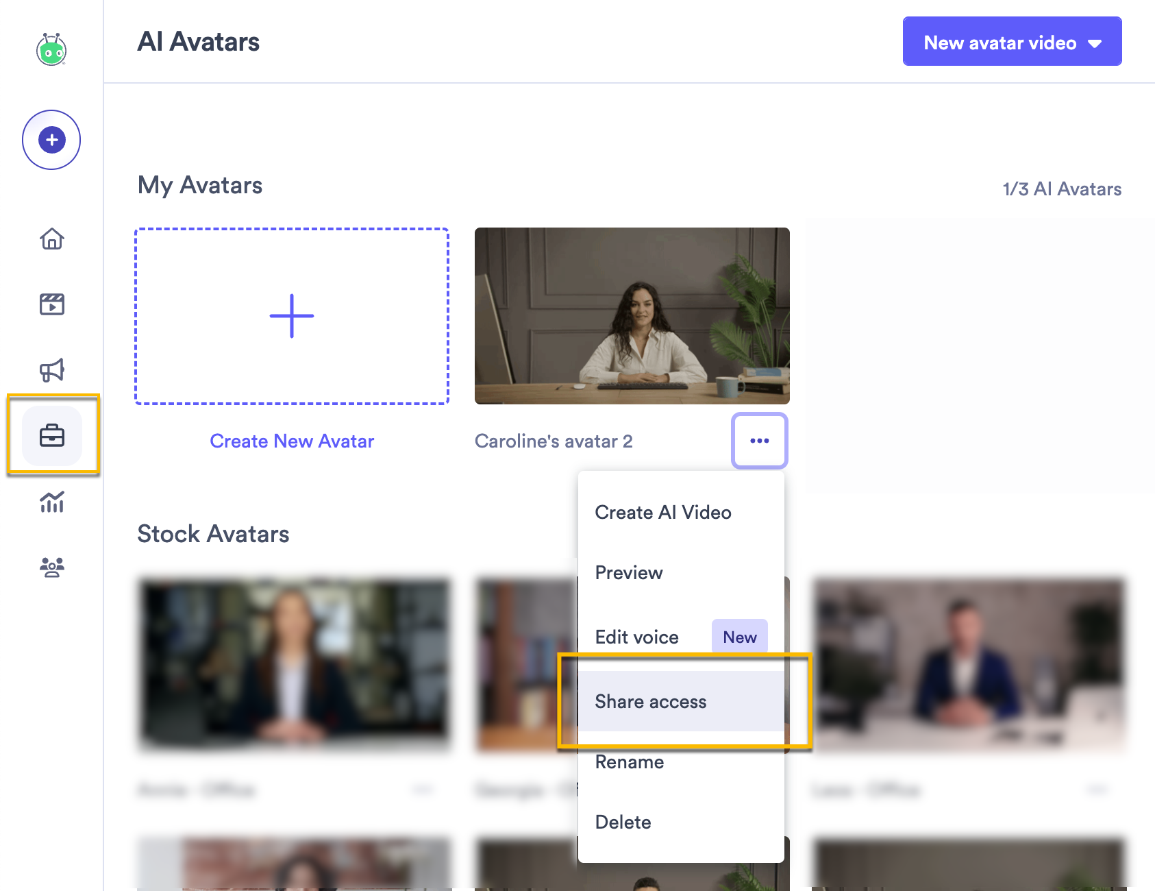 Vidyard avatars page with menu open on a custom avatar and share access option selected