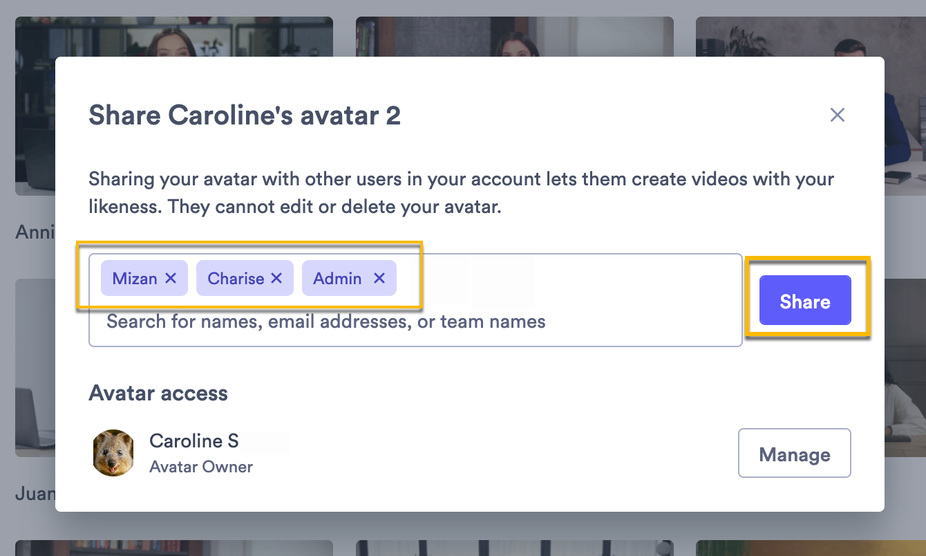 Avatar sharing modal open with list of users added to share