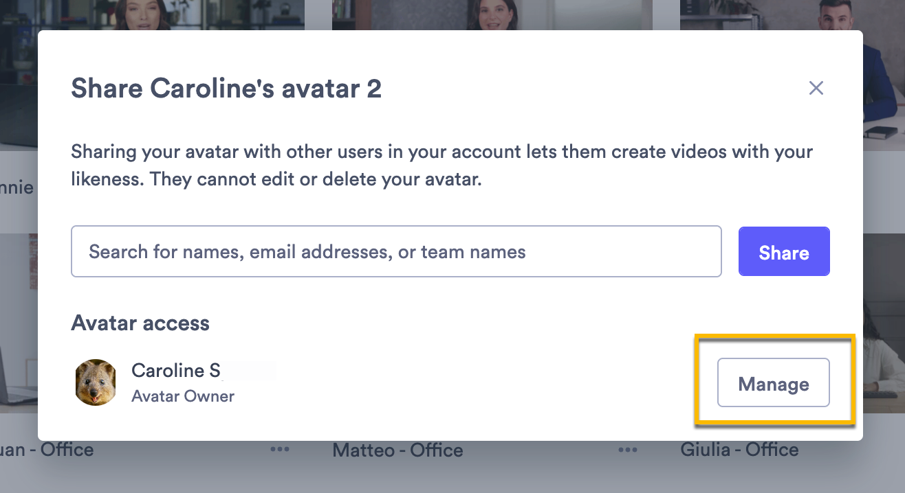Avatar sharing modal open with manage button highlighted