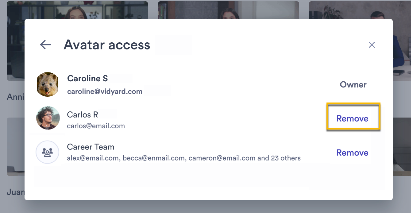 List of users with access to the avatar with option to remove a user highlighted