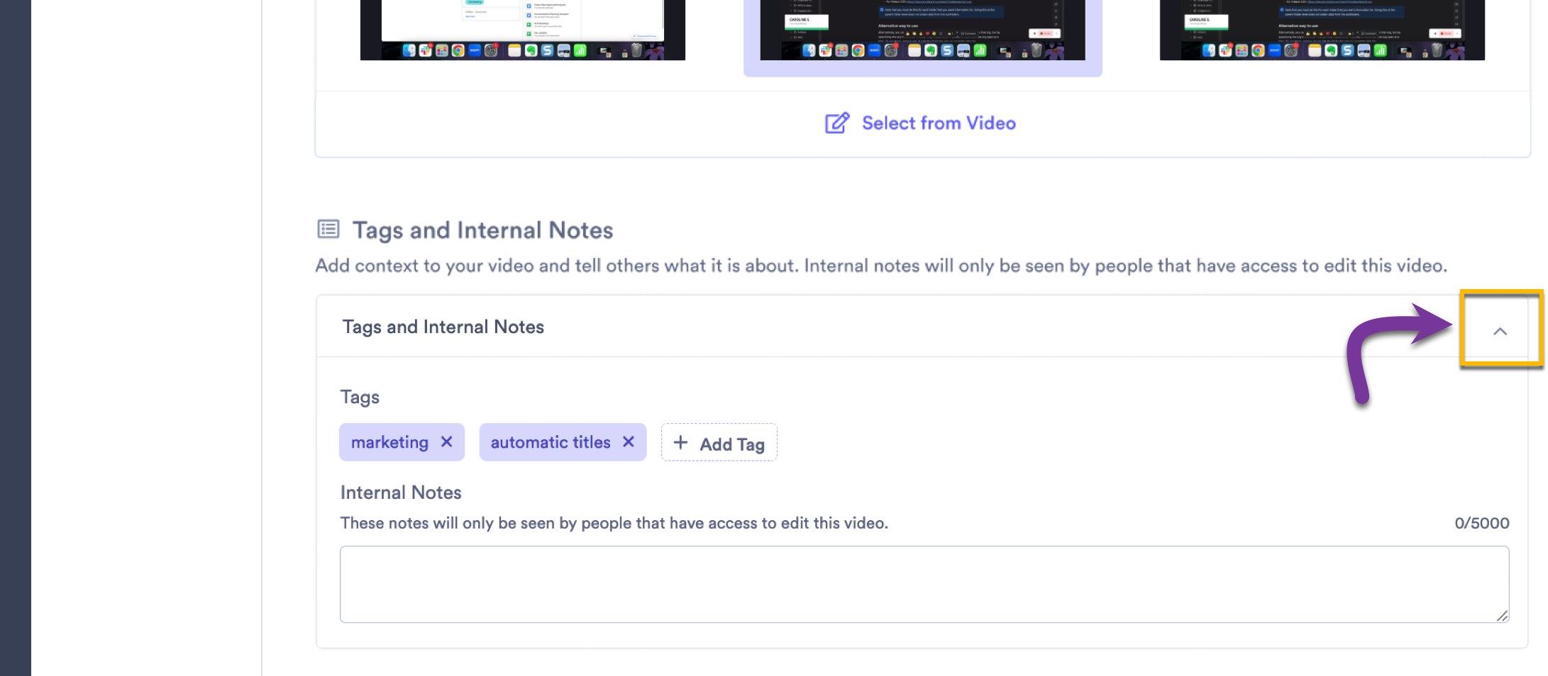 Using the dropdown arrow to open the Tags and Internal Notes fields