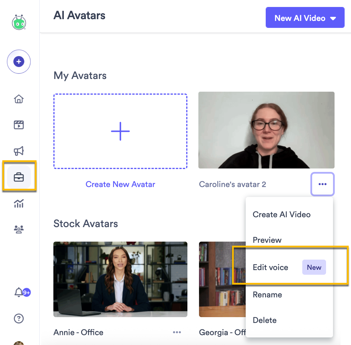 Vidyard AI Avatar with 3 dot menu open and Edit voice option selected