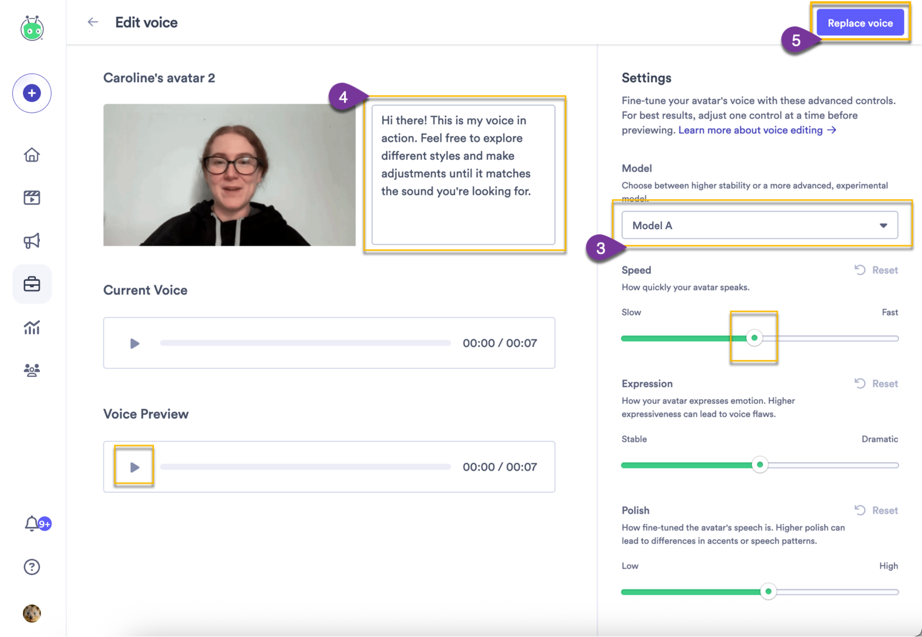 Edit voice screen with dropdown menu and sliders to alter an avatar's voice patterns and replace their voice