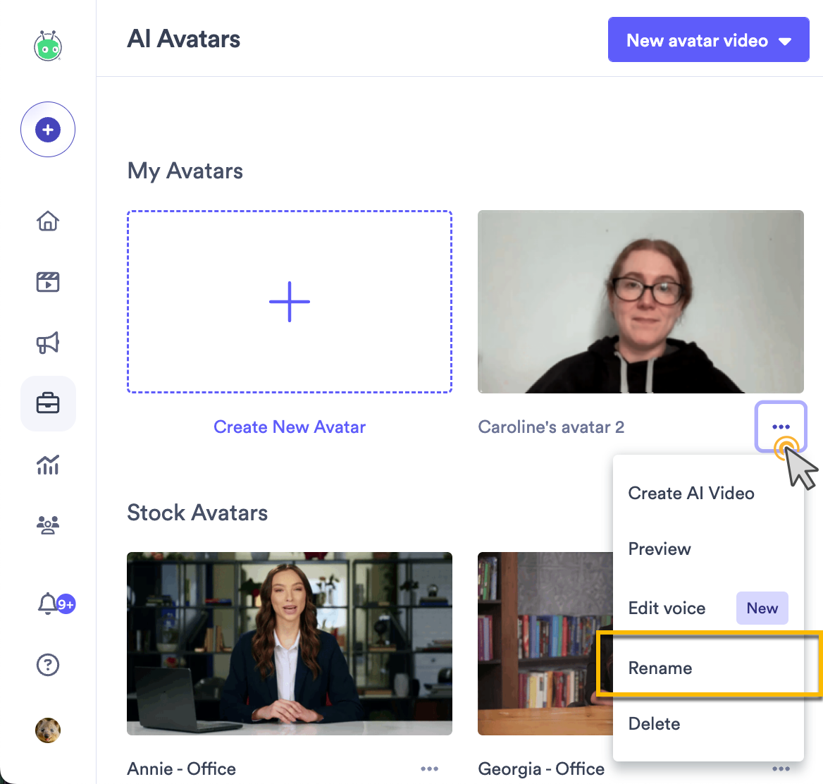 AI Avatars library with menu open next to an avatar and edit option selected