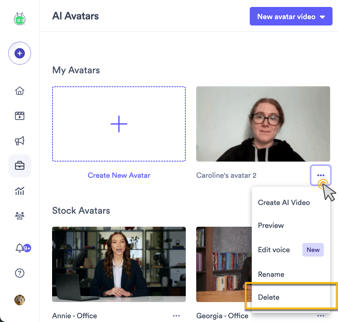 AI Avatars library with menu open next to an avatar and delete option highlighted
