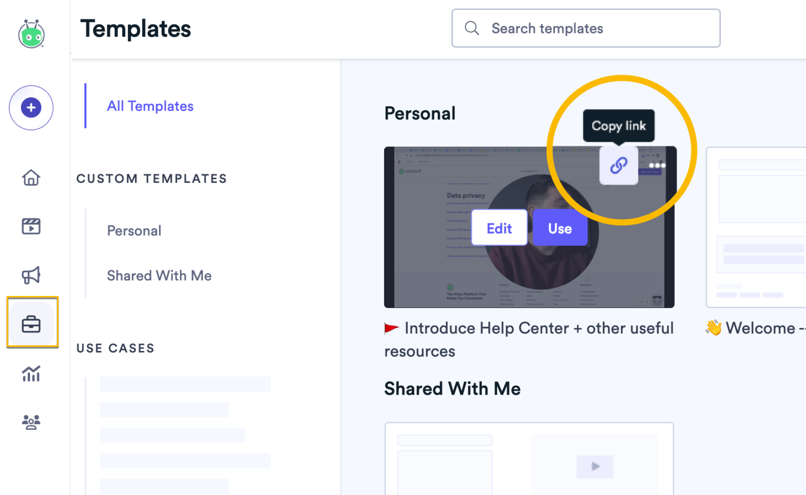 Hovering over a template in your library, then selecting the Copy Link icon