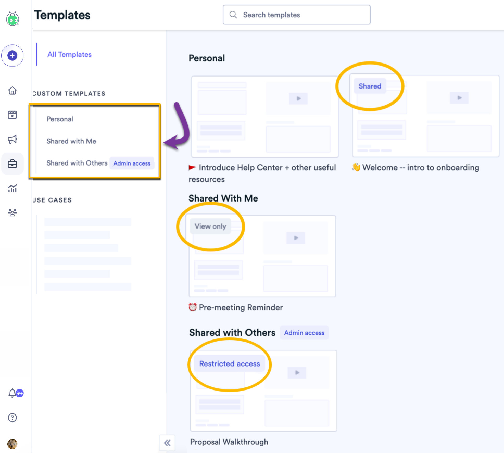 List of template types with different badges based on access level