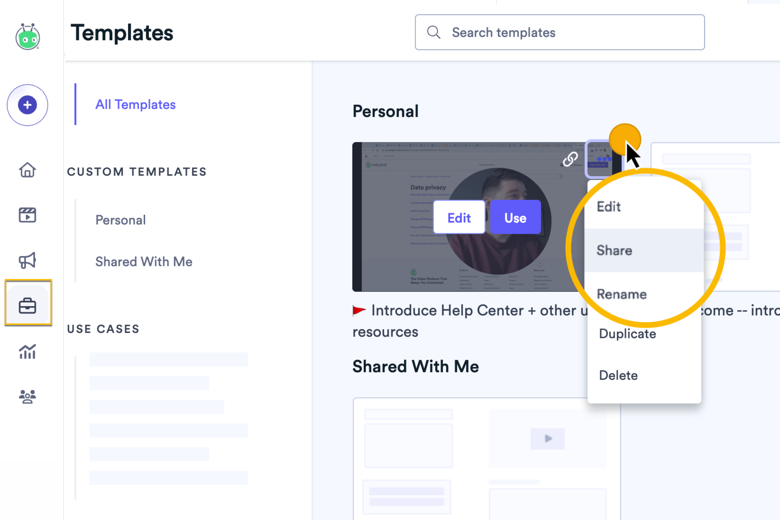 Opening the options menu next to a template, then selecting Share
