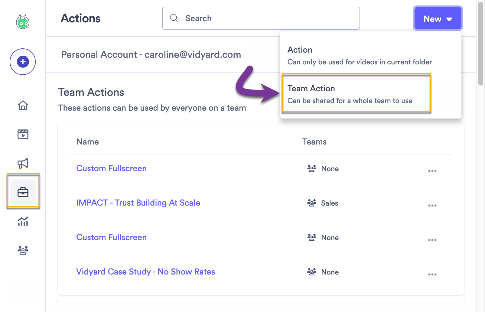 Vidyard Actions page showing button to create new type of Action