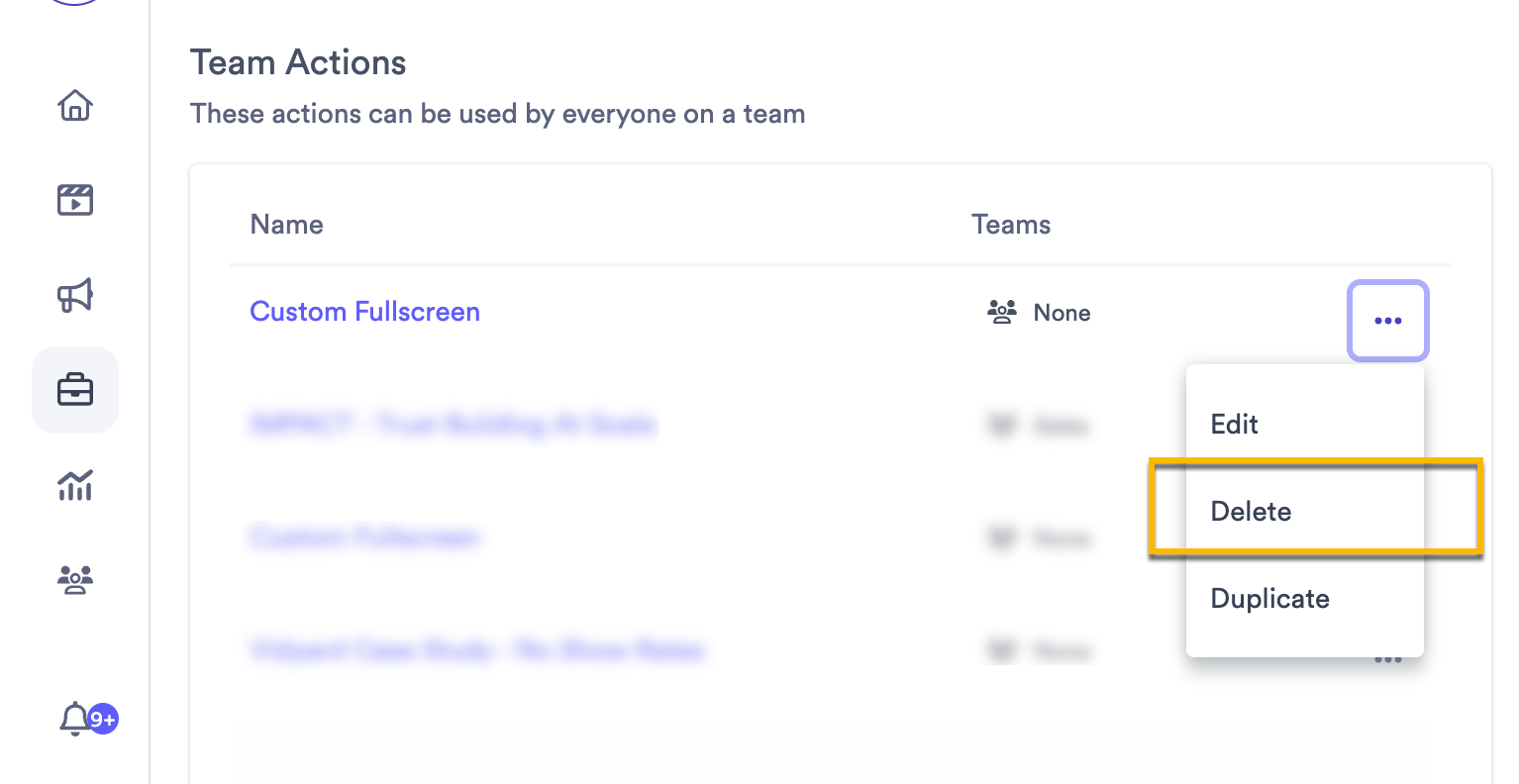 Team Action menu open with delete selected