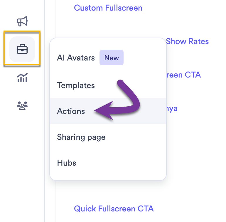 Vidyard library menu with Actions icon selected