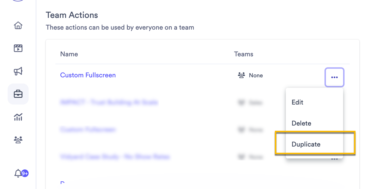 Menu open on book a meeting CTA showing option to duplicate
