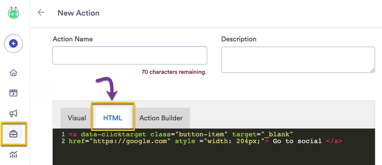 HTML tab in Action edit screen showing where to enter code