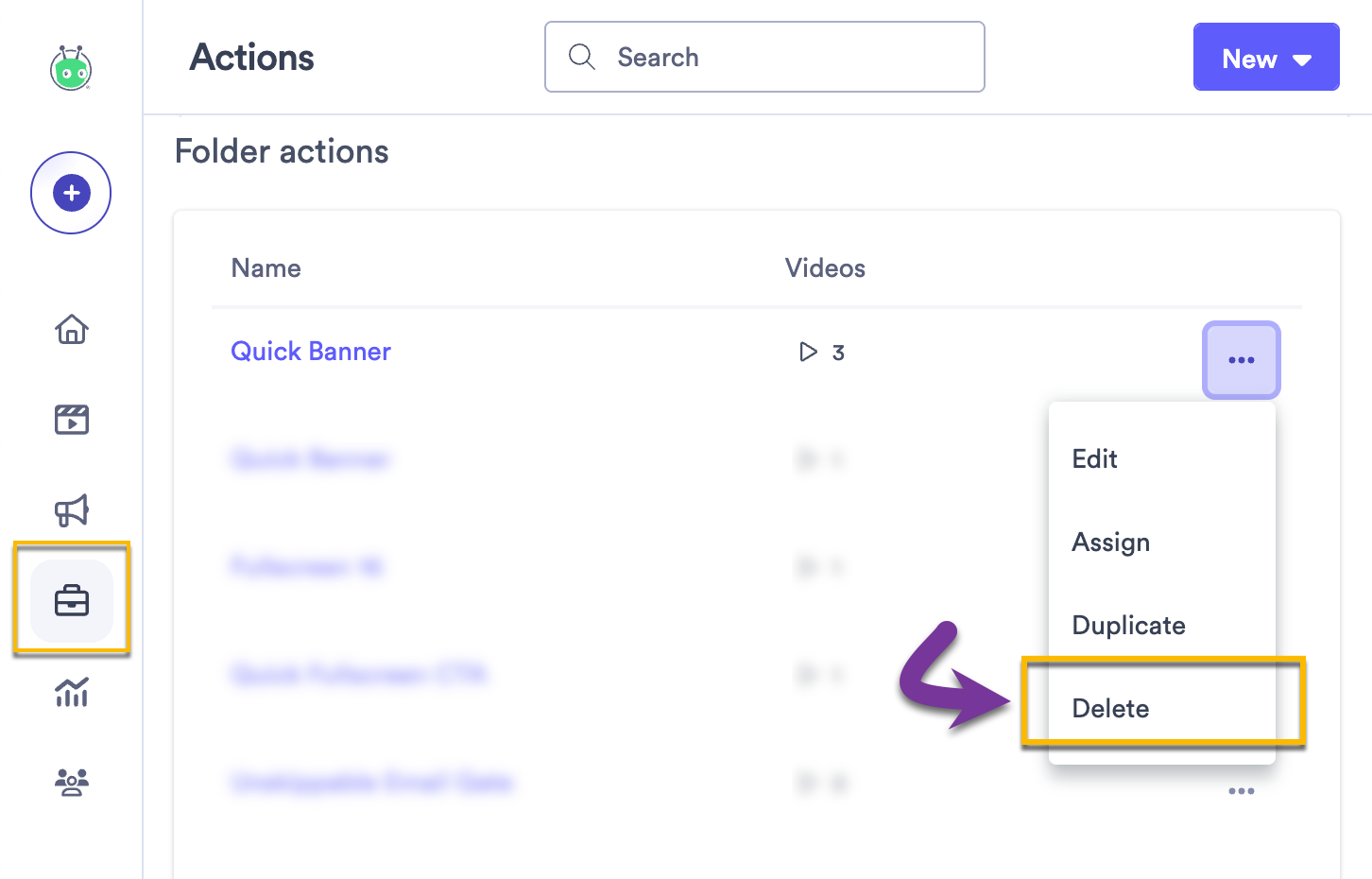 Folder Action menu open with delete selected