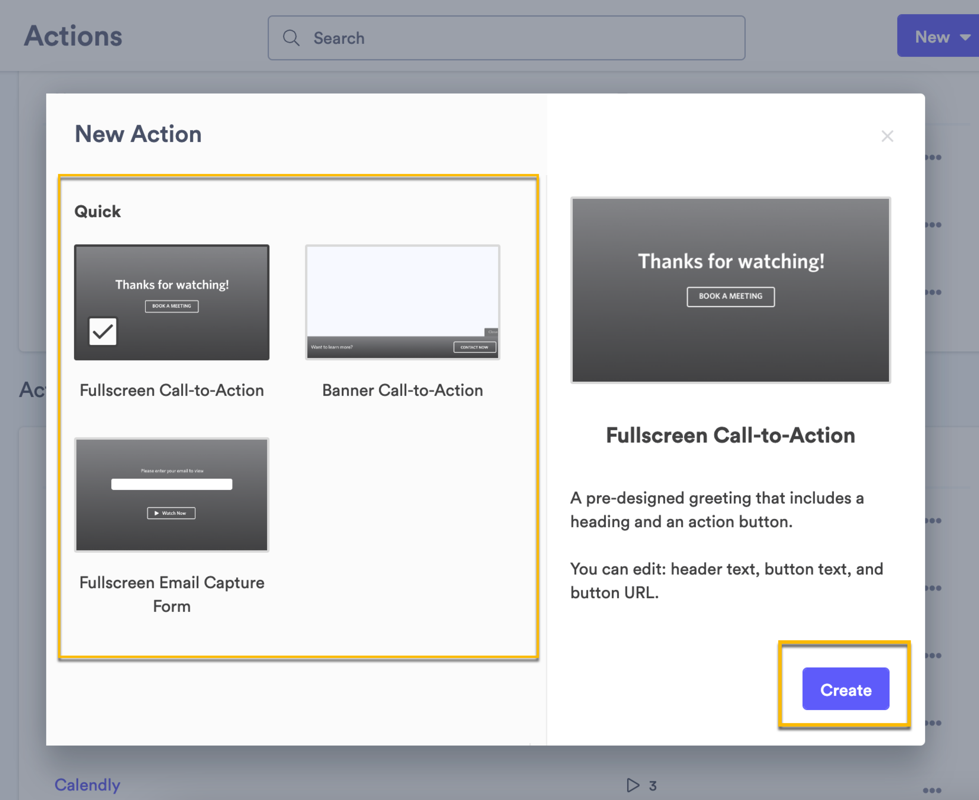 Creation options for a new folder Action
