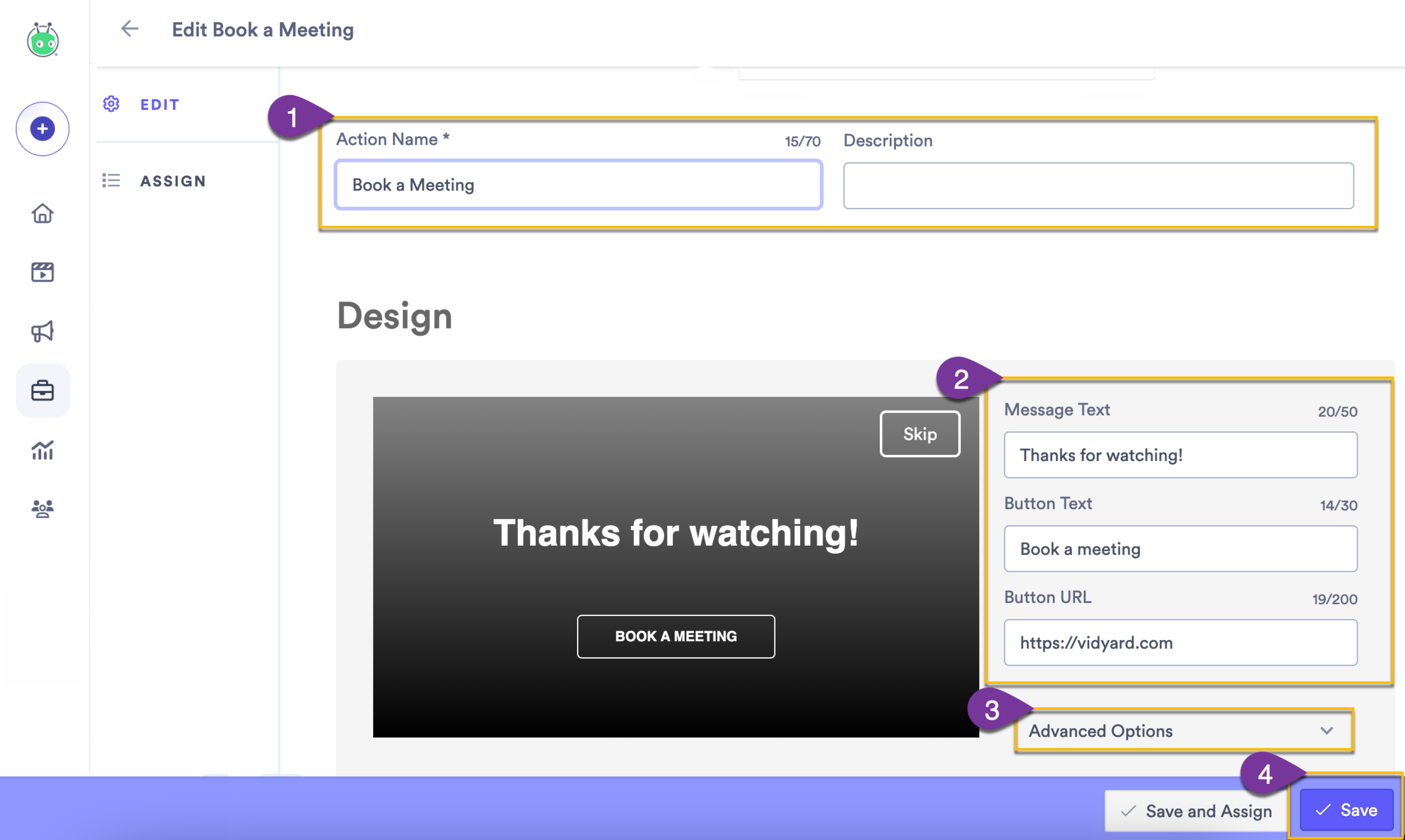 Action edit page where you can customize your CTA's look and behaviour