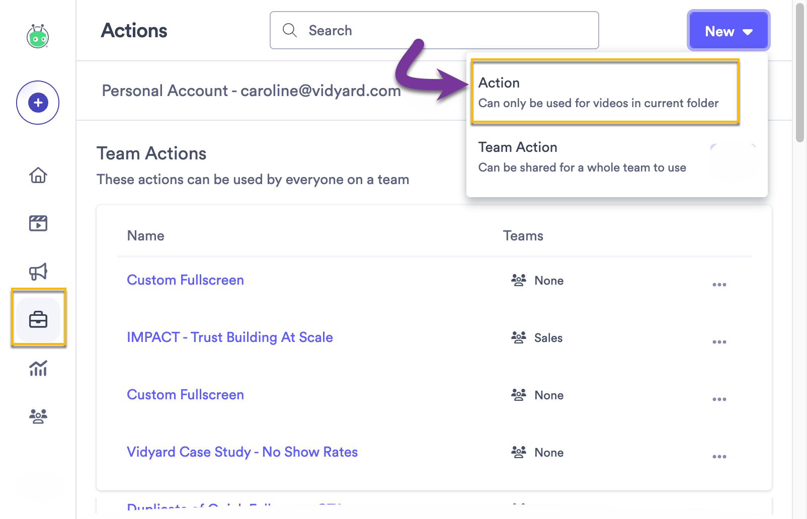 Selecting the Actions icon from the main menu, then clicking on the New Action button